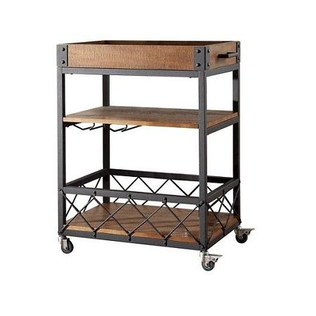 3-Tier Rectangular Wood & Iron Dining Cart, Lowest Price, Rolling Kitchen Trolley