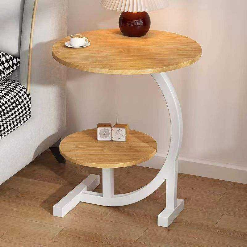 Modern Simple Metal Frame 2-Tier Round Wood Top Coffee Table for Living Room