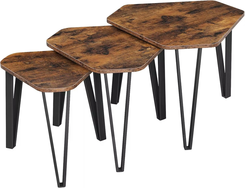 Industrial Rustic Brown Black Nesting Coffee Table Set Sturdy Easy Assembly For Living Room Vanity 3PCS 分享