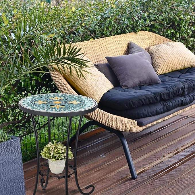 Art Deco Mosaic Pattern Eco-Friendly Handmade Dining Table Durable Metal Legs Bright Tile Top Indoor Corner Decor