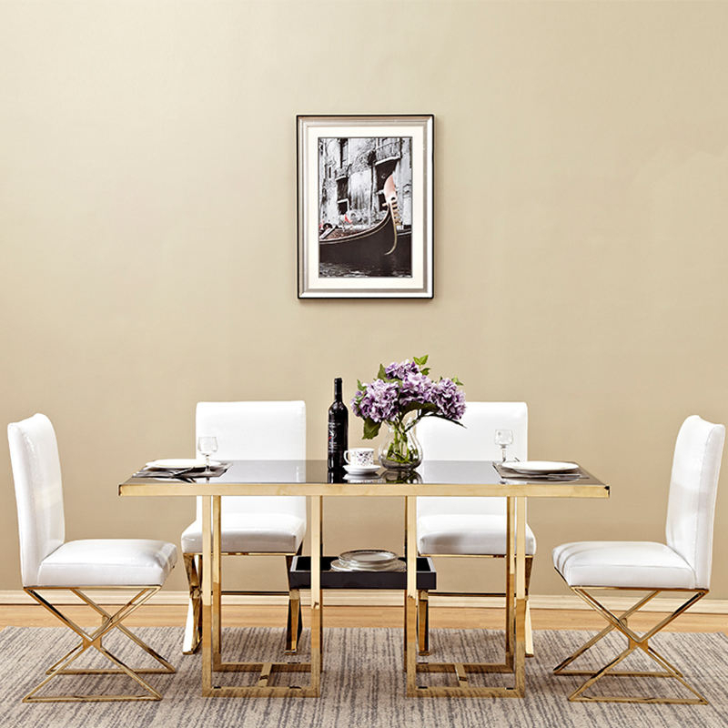 New Modern Top Stainless Steel Marble Dining Table Set Tempered Glass