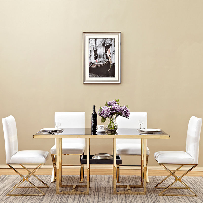 New Modern Top Stainless Steel Marble Dining Table Set Tempered Glass