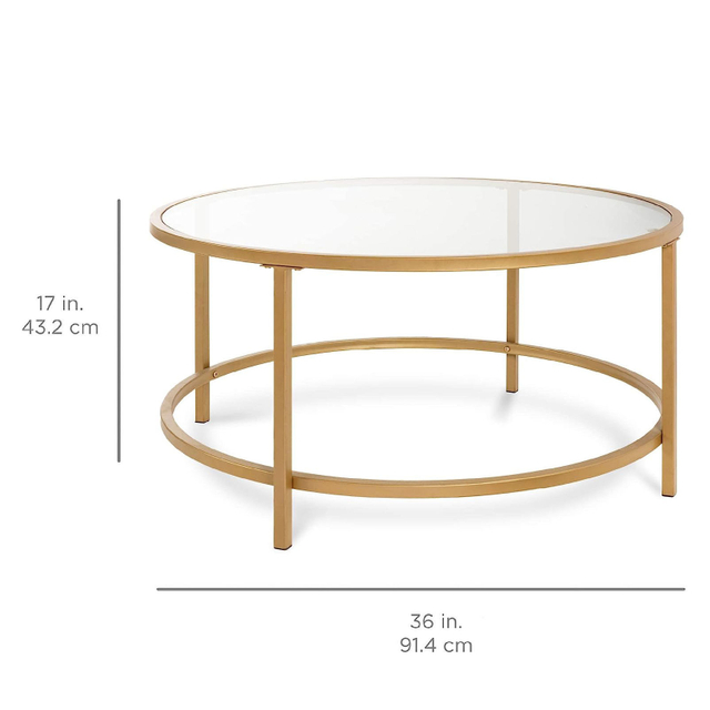 Modern Round Tempered Glass Accent Side Coffee Table Satin Metal Frame Living Room Decor