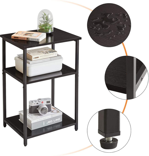 Factory Black 3-Tier Coffee Table Industrial Nightstand With Storage Customizable