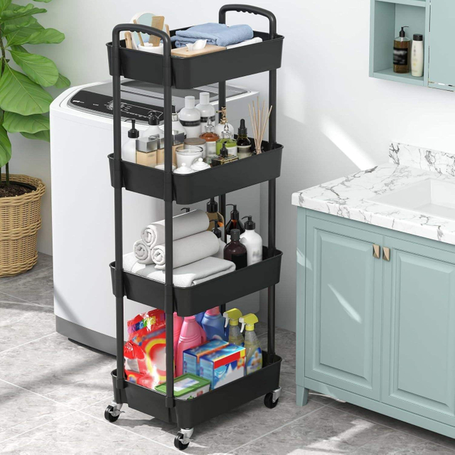 Plastic Rolling Storage Cart With Handle, Mobile Organizer For Home Office Kitchen