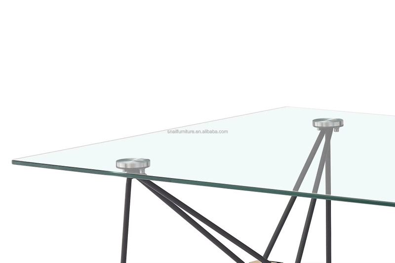 Modern Glass Dining / Coffee Table Metal Frame Solid Wood Beam Clear Glass Top Living Room Restaurant