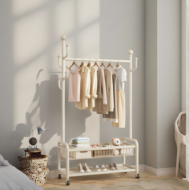 Customizable Single Rod Metal Clothing Rack With Storage Basket For Bedroom Shoe & Clothes Organizer