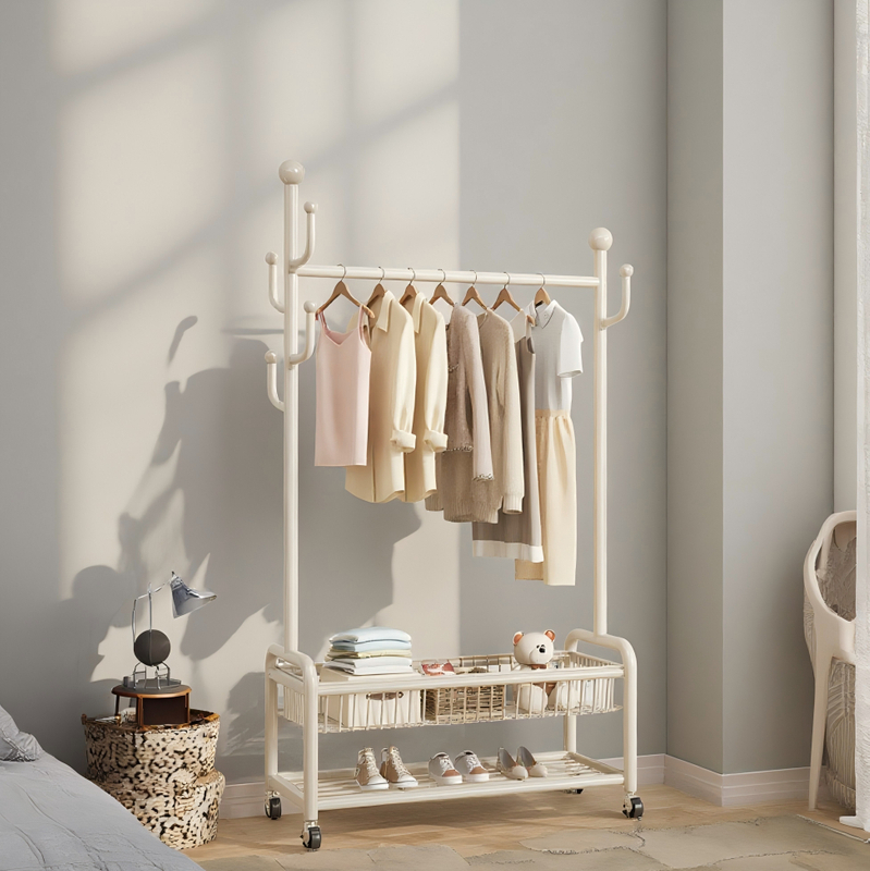 Customizable Single Rod Metal Clothing Rack With Storage Basket For Bedroom Shoe & Clothes Organizer