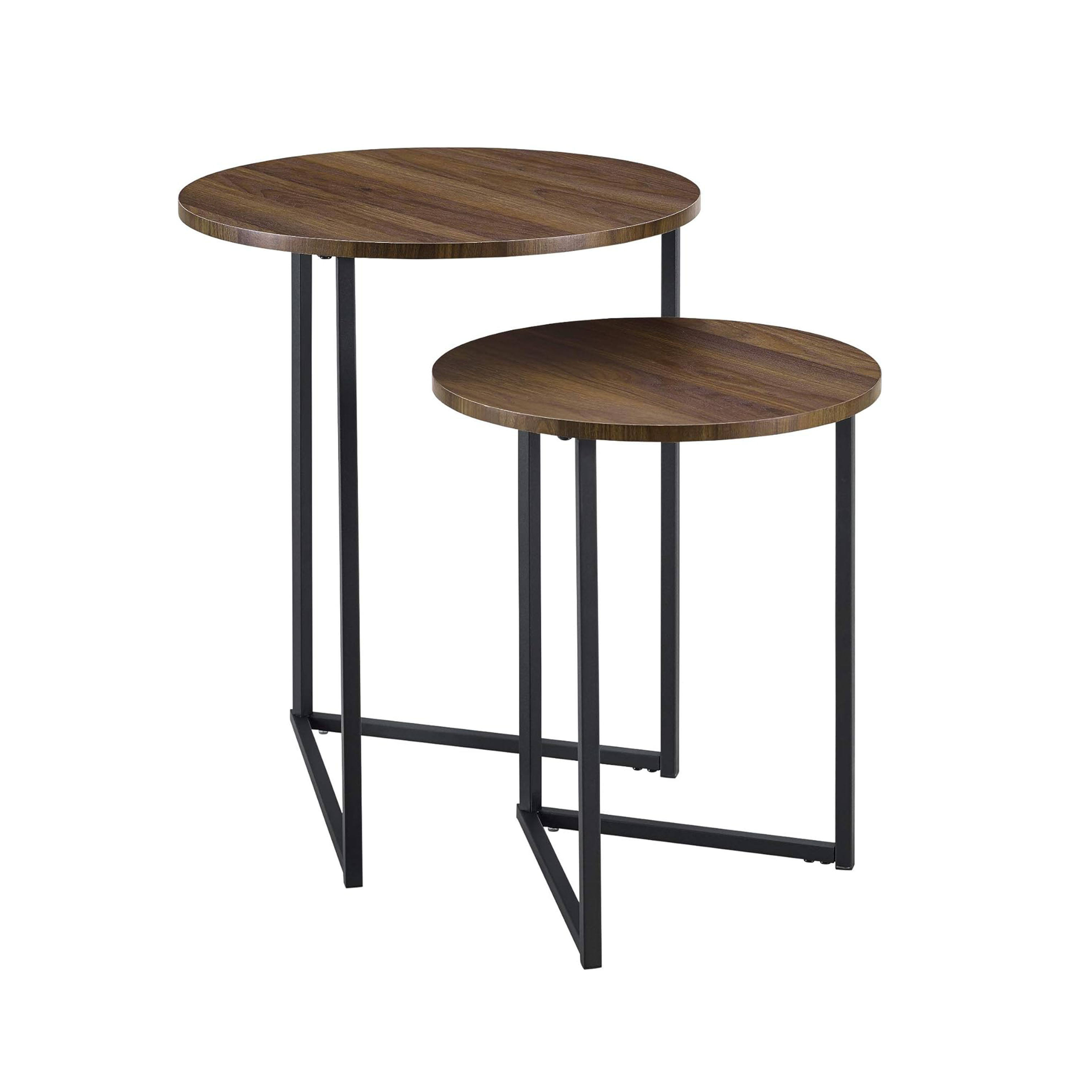 Dark Walnut Nesting Coffee Table Set Round Metal Base Storage Side Table 2-Piece 分享