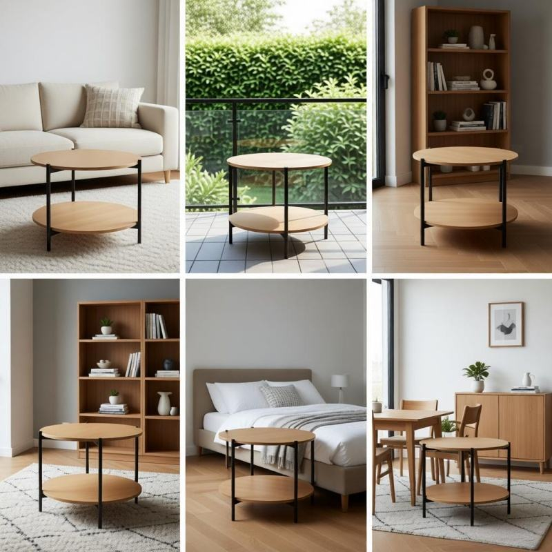 Modern Simple 2-Tier Round Coffee Table Black Metal Frame Storage For Home