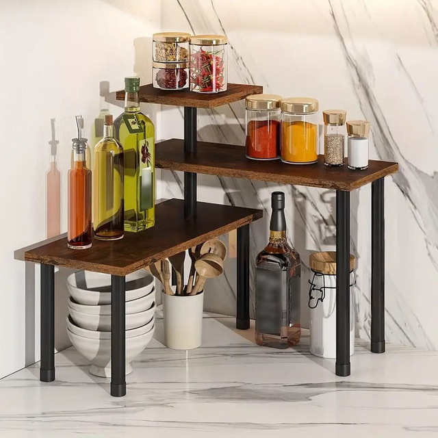 Rustic 3-Tier Kitchen Counter Storage Rack for Spice Coffee Bar Bathroom Counter