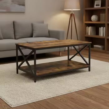 Rustic Brown Wood Coffee Table Metal Frame Industrial For Small Apartment
