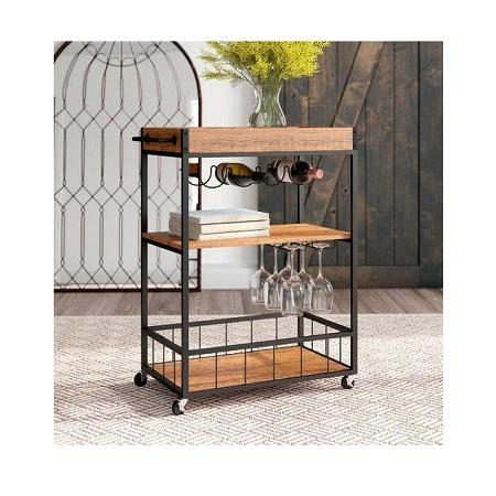 3-Tier Rectangular Wood & Iron Dining Cart, Lowest Price, Rolling Kitchen Trolley