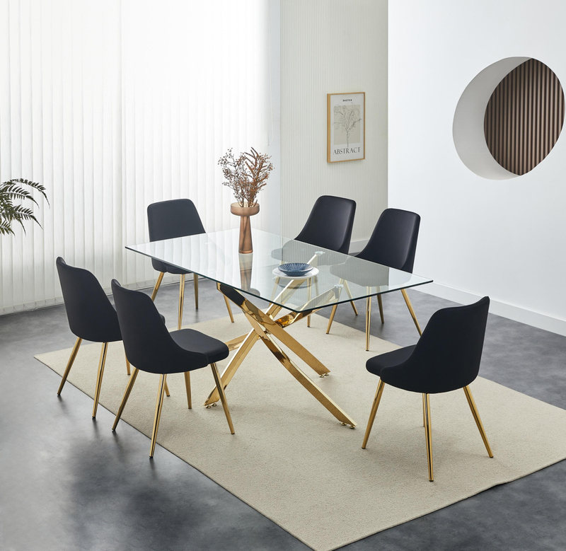 Modern Rectangular Tempered Glass Dining Table Set Gold Legs For Home Hotel