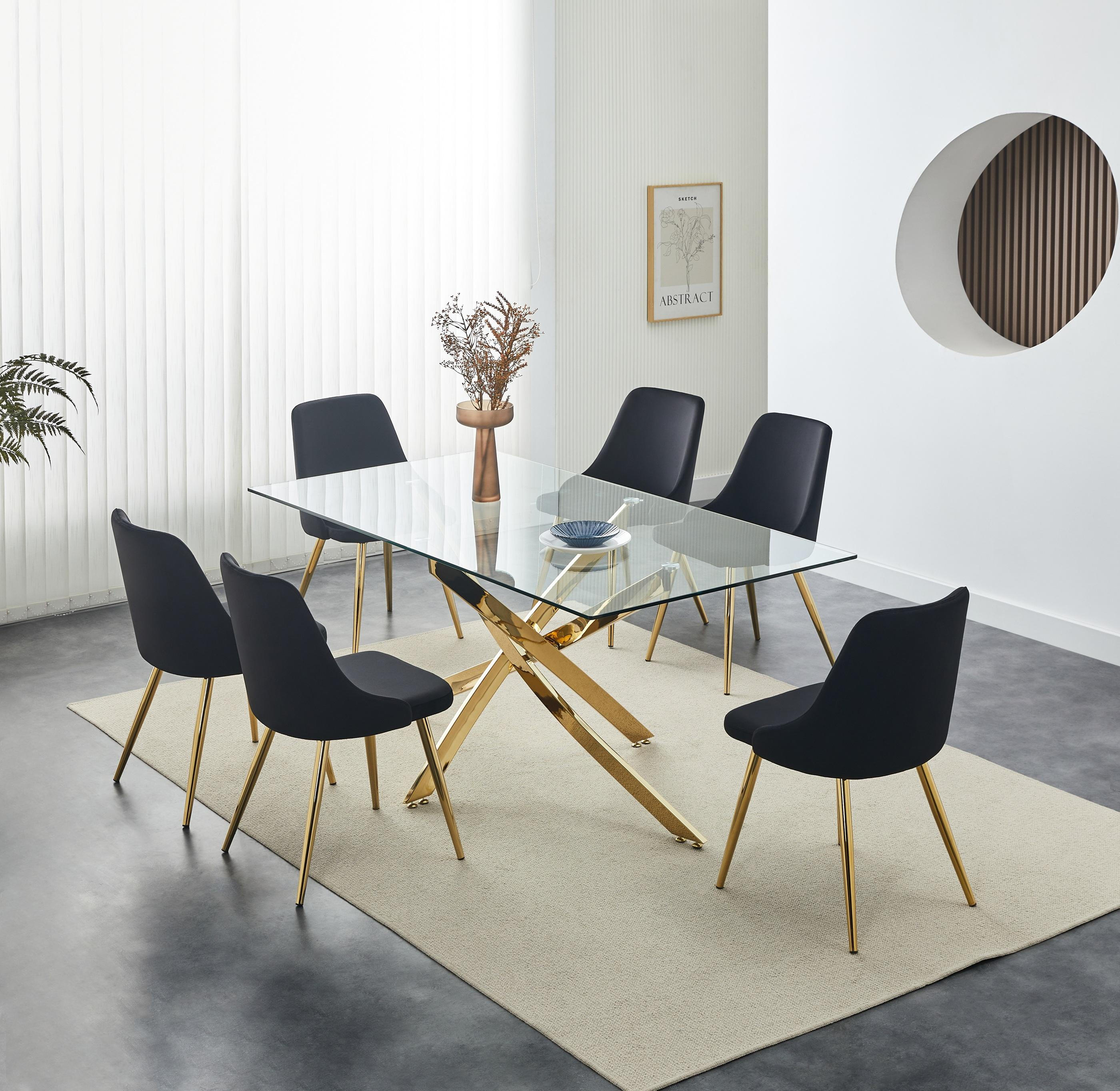 Modern Rectangular Tempered Glass Dining Table Set Gold Legs For Home Hotel