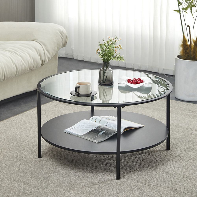 Modern Round Black Coffee Table Set Tempered Glass Metal Marble MDF Living Room Kitchen Wholesale