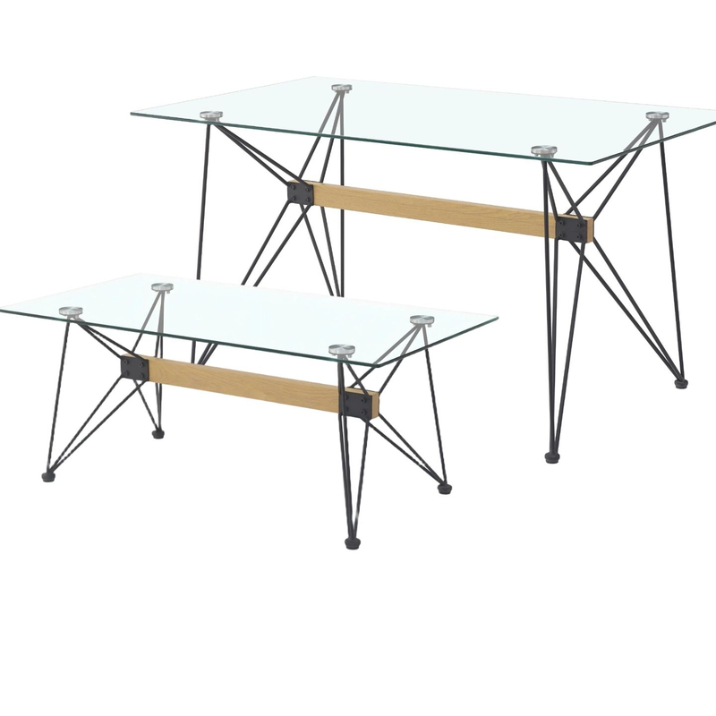Modern Glass Dining / Coffee Table Metal Frame Solid Wood Beam Clear Glass Top Living Room Restaurant