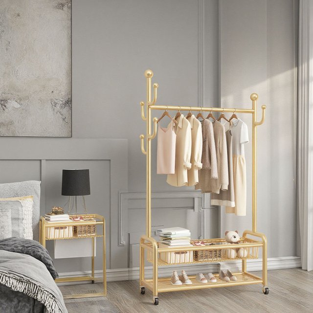 Customizable Single Rod Metal Clothing Rack With Storage Basket For Bedroom Shoe & Clothes Organizer