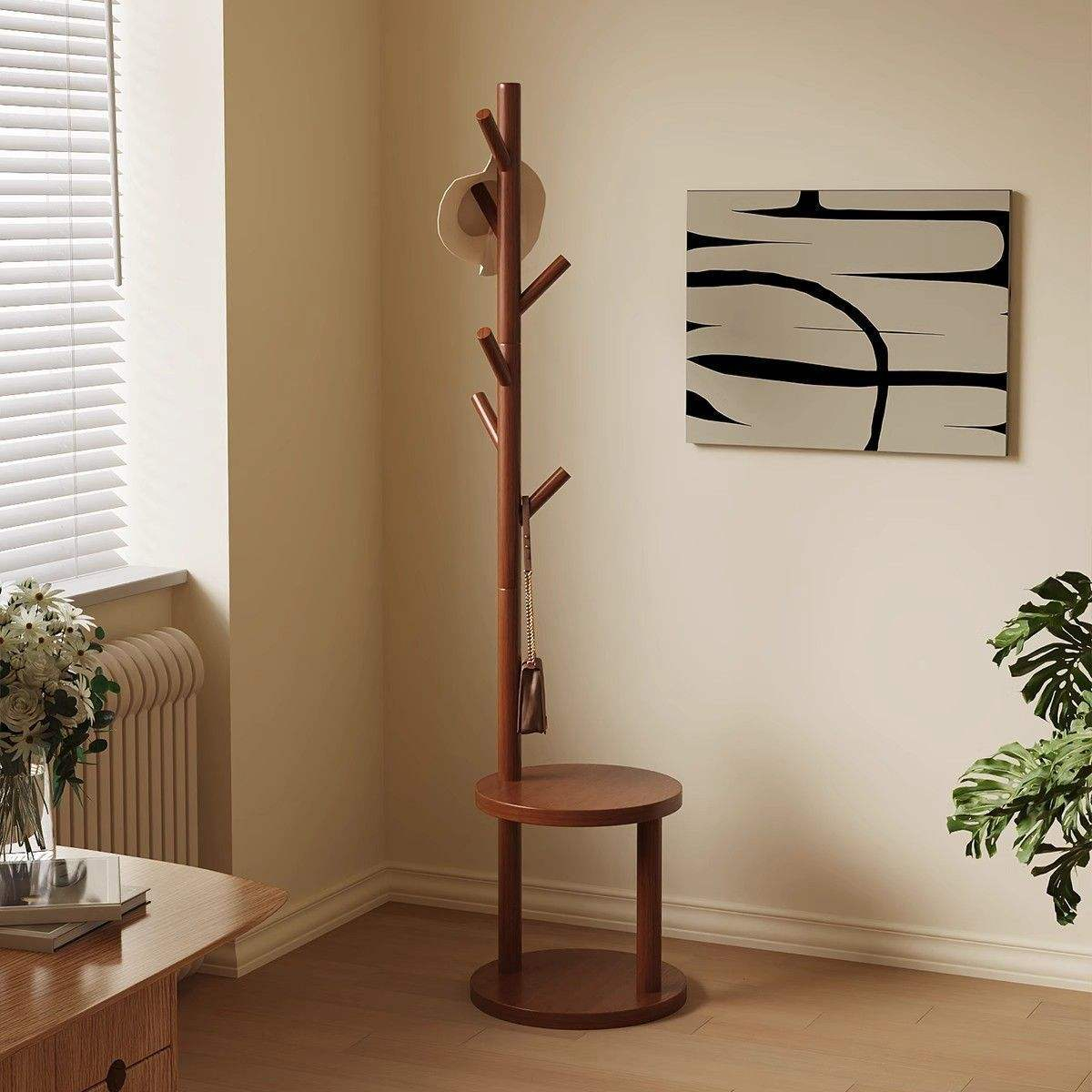 Nordic Style Solid Wood Floor Coat Rack Space-Saving for Living Room Bedroom Home