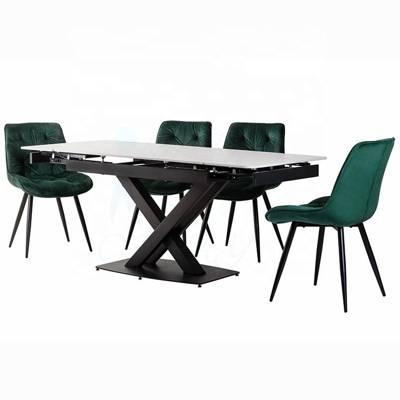 Italian Minimalist Modern Marble Ceramic Dining Table Black Powder Coated Extendable