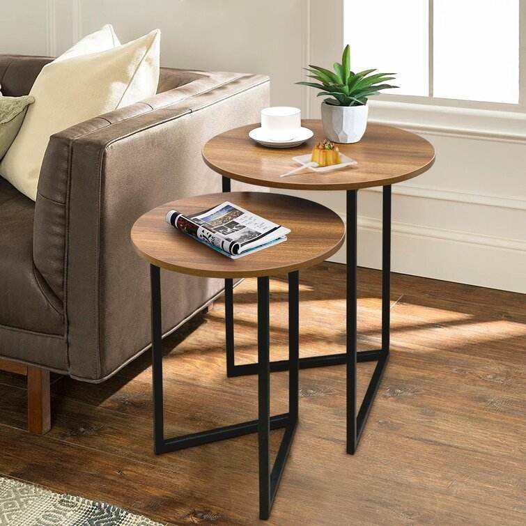 Solid Wood Top Nesting Side Table Stainless Steel Round Coffee Table Sofa Tray Storage
