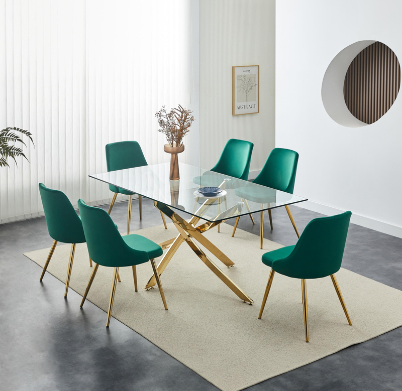 Modern Rectangular Tempered Glass Dining Table Set Gold Legs For Home Hotel