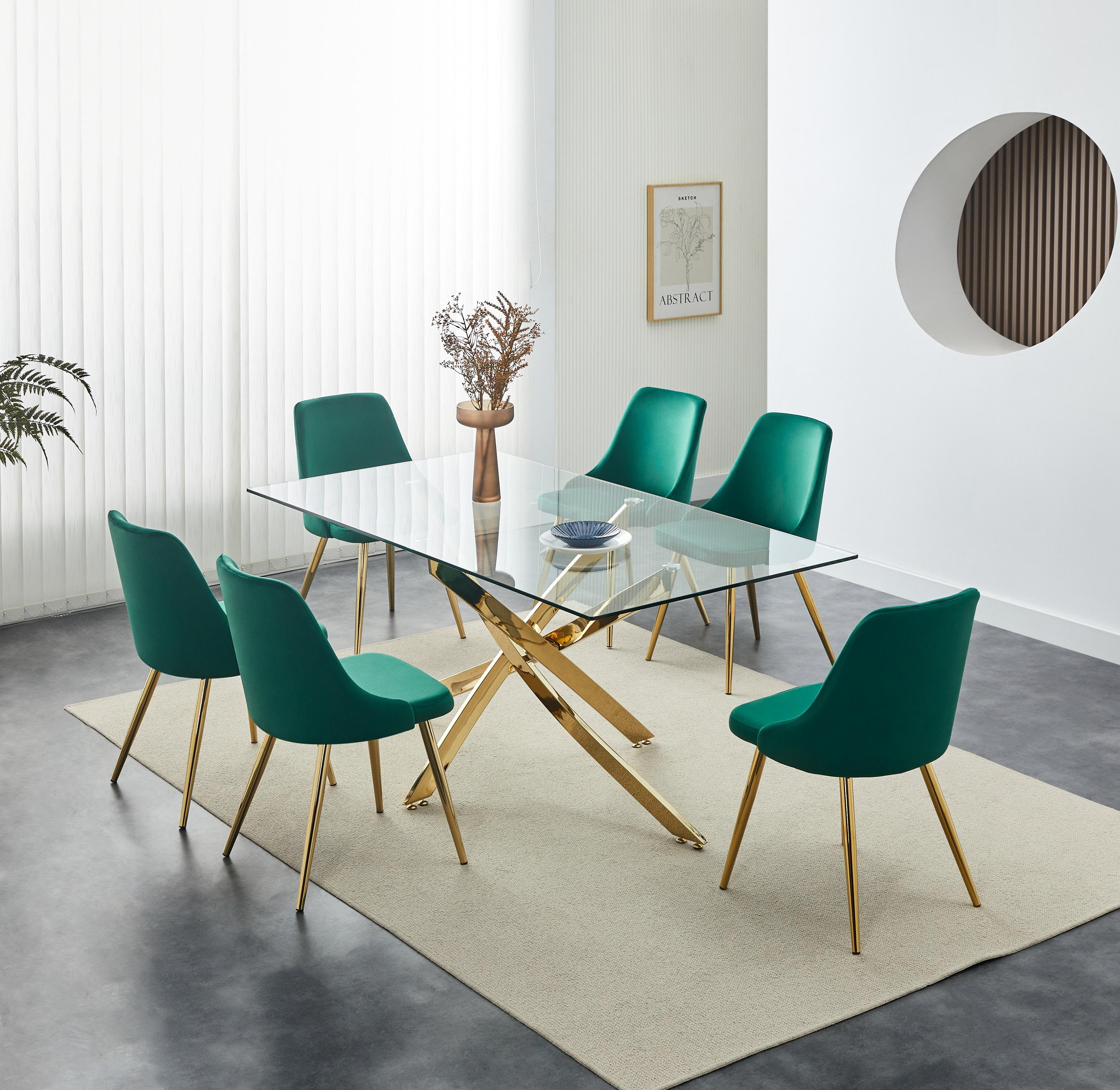 Modern Rectangular Tempered Glass Dining Table Set Gold Legs For Home Hotel