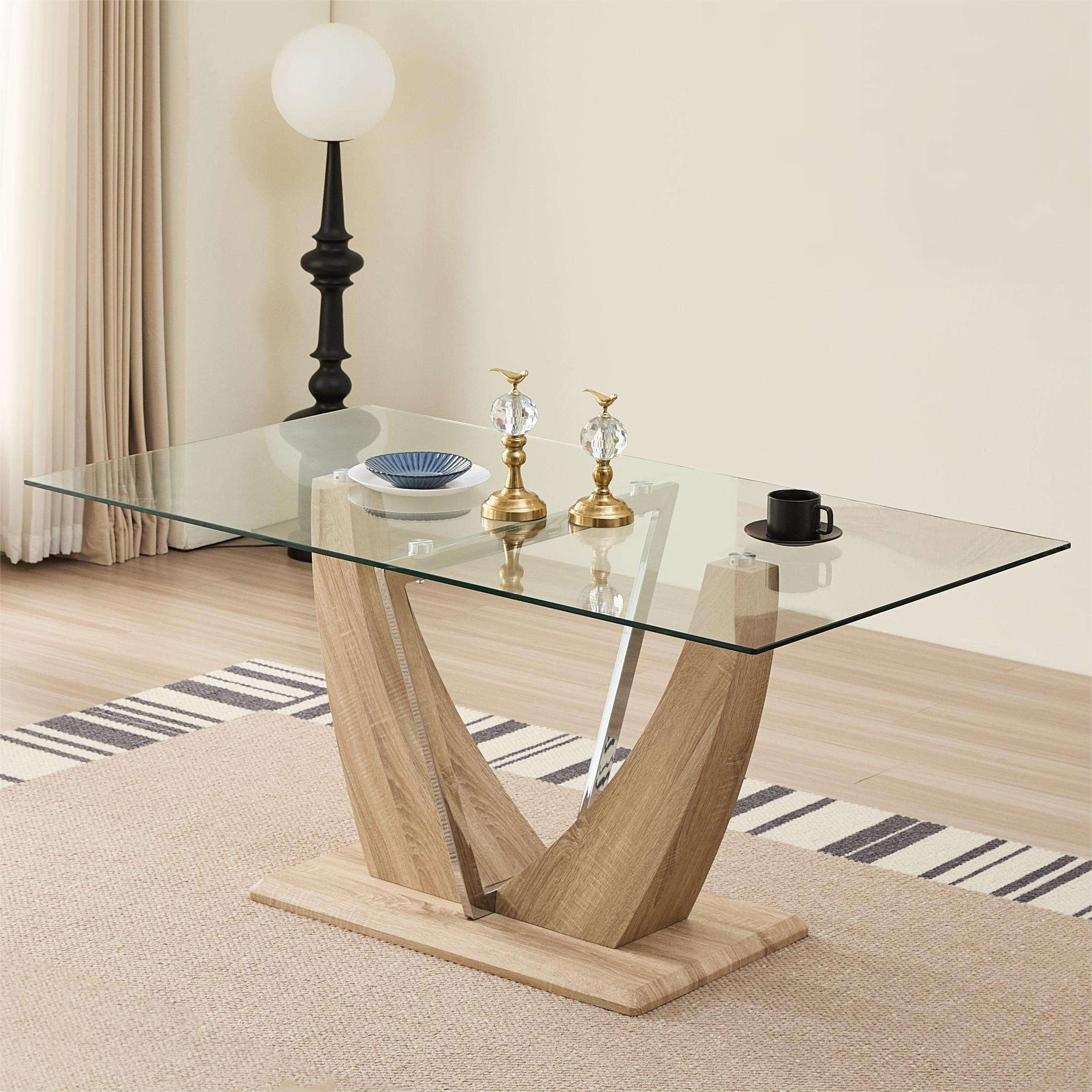 Modern Luxury Rectangular Tempered Glass Dining Table V-Shape Wood Legs