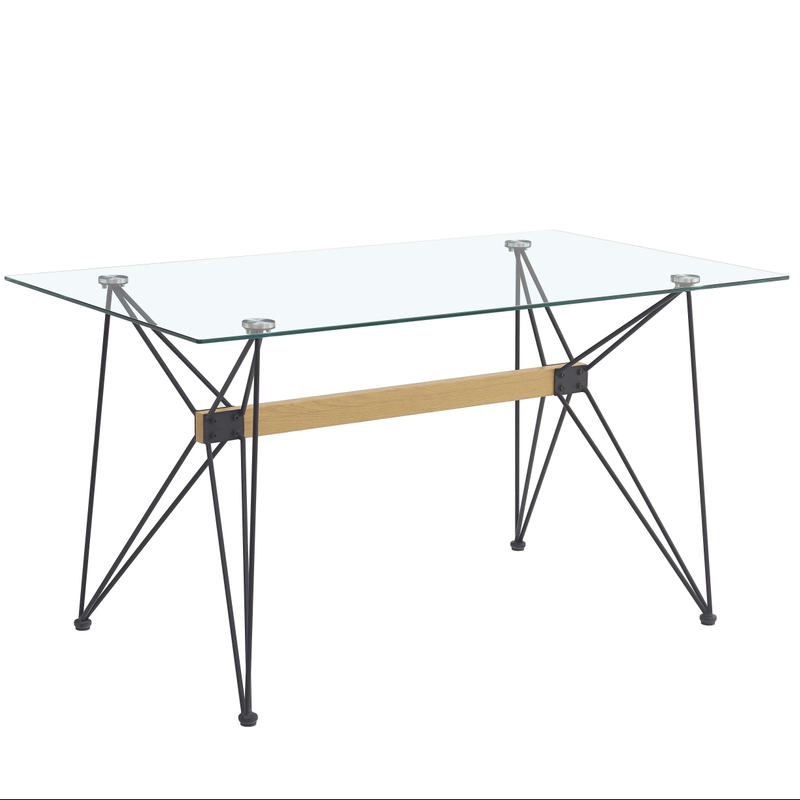 Modern Glass Dining / Coffee Table Metal Frame Solid Wood Beam Clear Glass Top Living Room Restaurant