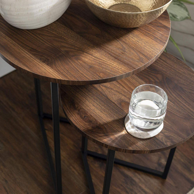 Dark Walnut Nesting Coffee Table Set Round Metal Base Storage Side Table 2-Piece 分享