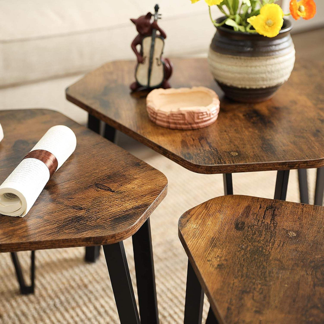 Industrial Rustic Brown Black Nesting Coffee Table Set Sturdy Easy Assembly For Living Room Vanity 3PCS 分享