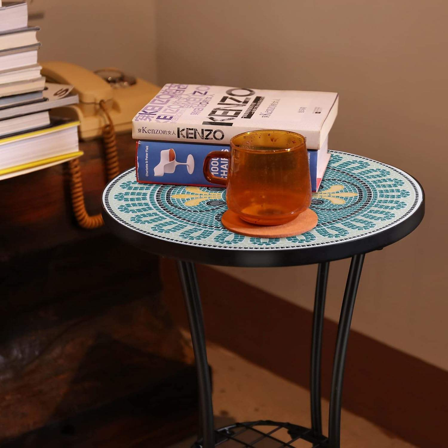 Art Deco Mosaic Pattern Eco-Friendly Handmade Dining Table Durable Metal Legs Bright Tile Top Indoor Corner Decor