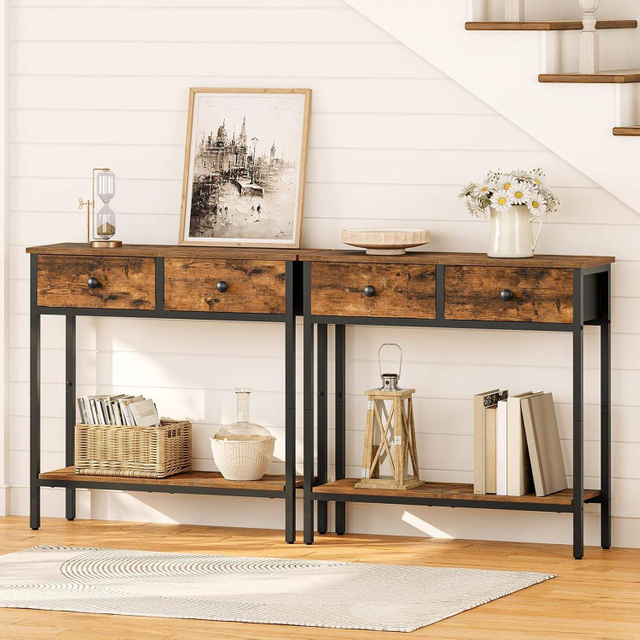 Black Metal Console Table with Drawers Industrial Iron Entryway Hall & Living Room