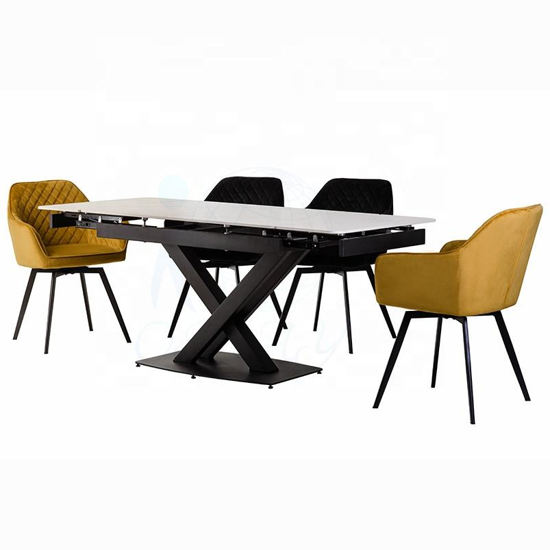 Italian Minimalist Modern Marble Ceramic Dining Table Black Powder Coated Extendable