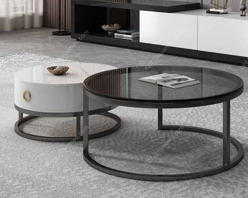 Italian Minimalist Round Nesting Coffee Table Set Gloss Sintered Stone Tempered Glass Living Room