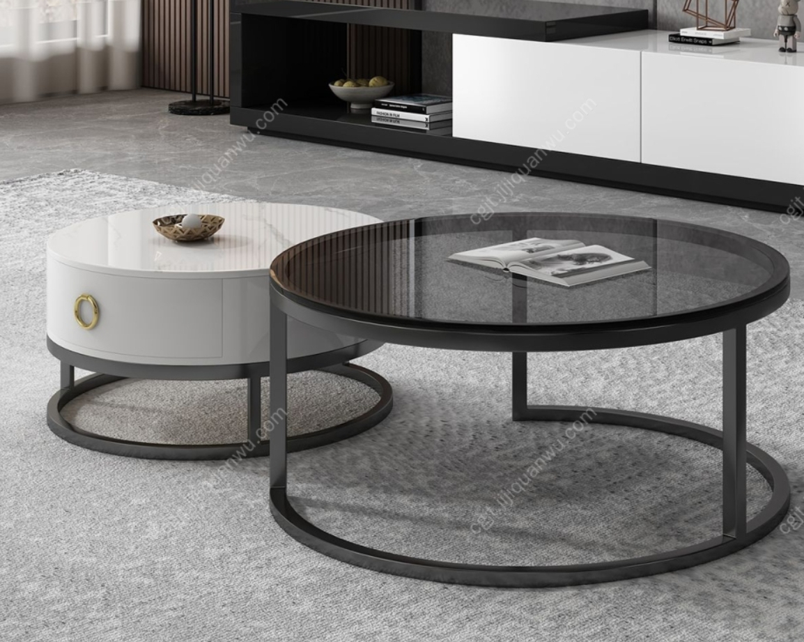 Italian Minimalist Round Nesting Coffee Table Set Gloss Sintered Stone Tempered Glass Living Room