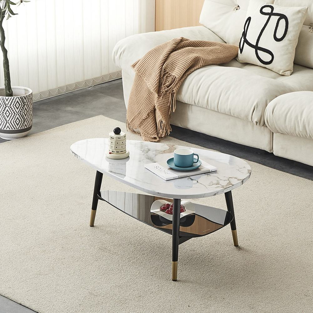 Modern Round Black Coffee Table Set Oval Tempered Glass Metal Marble MDF Living Room Kitchen Wholesale