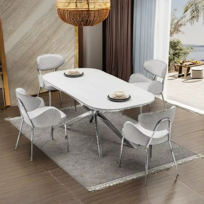 Modern Stainless Steel Dining Set 1 Table 6 Chairs with Fixed Desk Villa Living Room 2Y Warranty