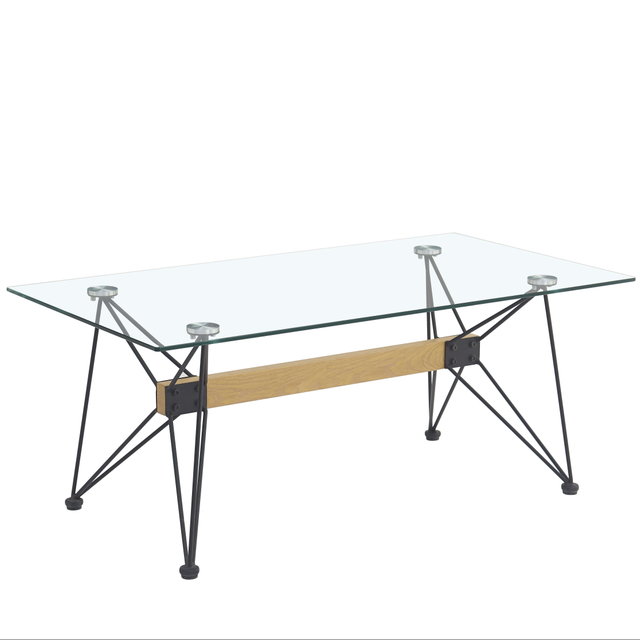 Modern Glass Dining / Coffee Table Metal Frame Solid Wood Beam Clear Glass Top Living Room Restaurant
