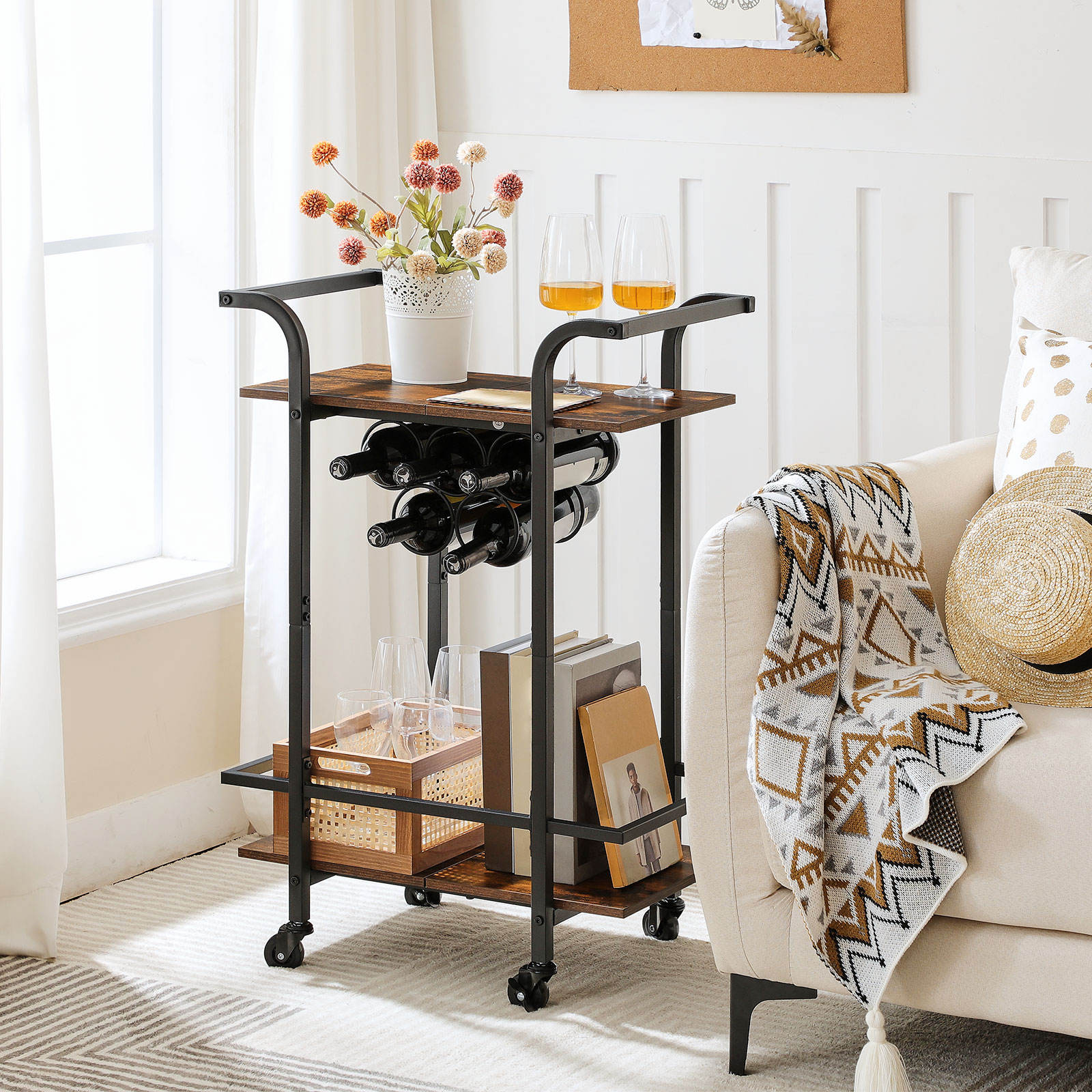 Industrial Style Metal Bar Cart Rolling Kitchen Serving Trolley With Wine Rack Wheels 分享