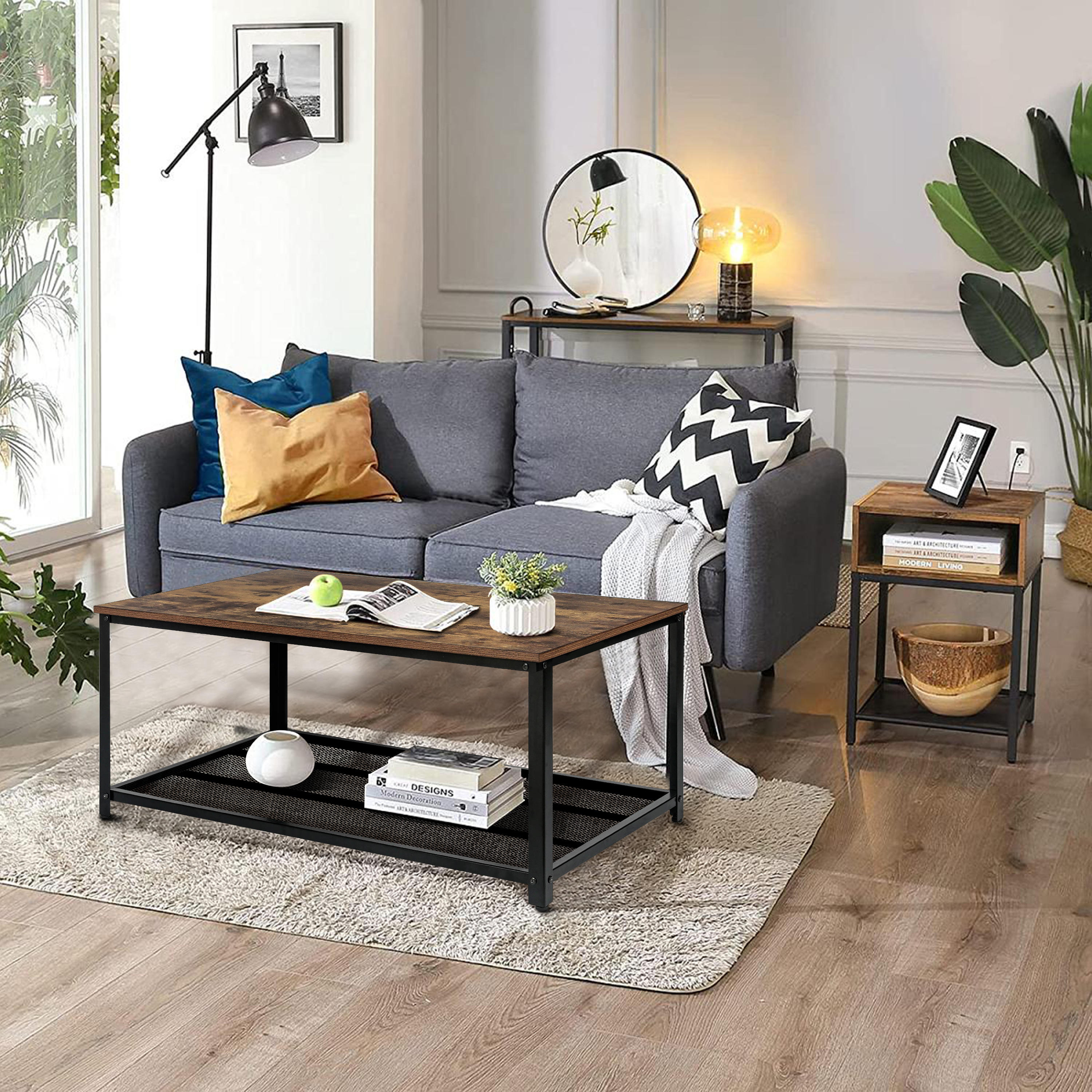 Industrial 2-Tier Coffee Table with Mesh Shelf for Living Room