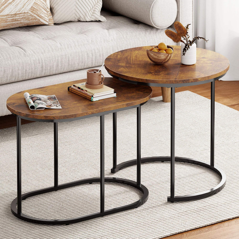 Industrial Oval Nesting Tables Rustic Wooden Top Black Metal Frame Side Tables 分享
