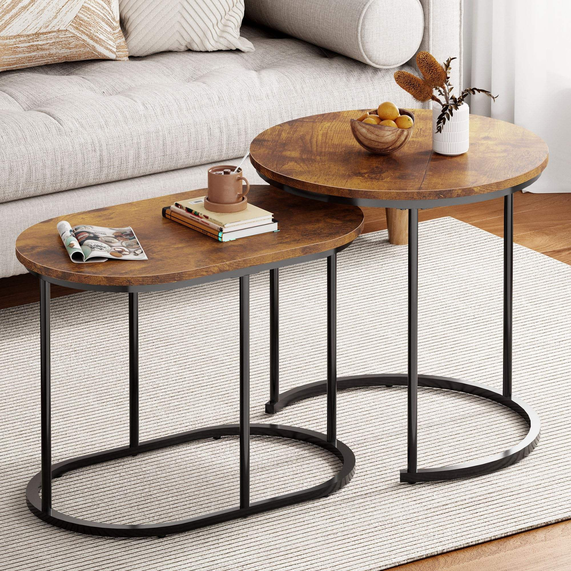 Industrial Oval Nesting Tables Rustic Wooden Top Black Metal Frame Side Tables 分享