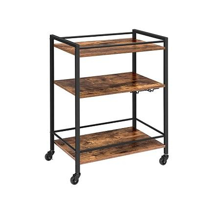 3-Tier Utility Cart Black Metal Frame Wooden Shelves Raised Edge Modern Industrial Storage Rolling Trolley