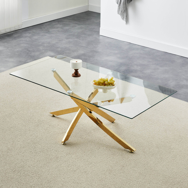 Modern Rectangular Tempered Glass Dining Table Set Gold Legs For Home Hotel