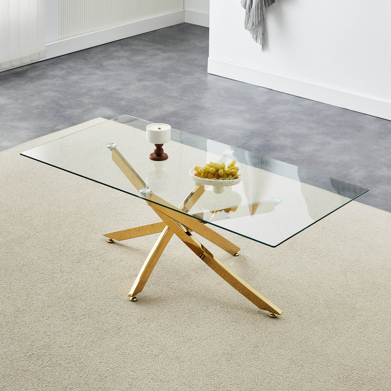 Modern Rectangular Tempered Glass Dining Table Set Gold Legs For Home Hotel