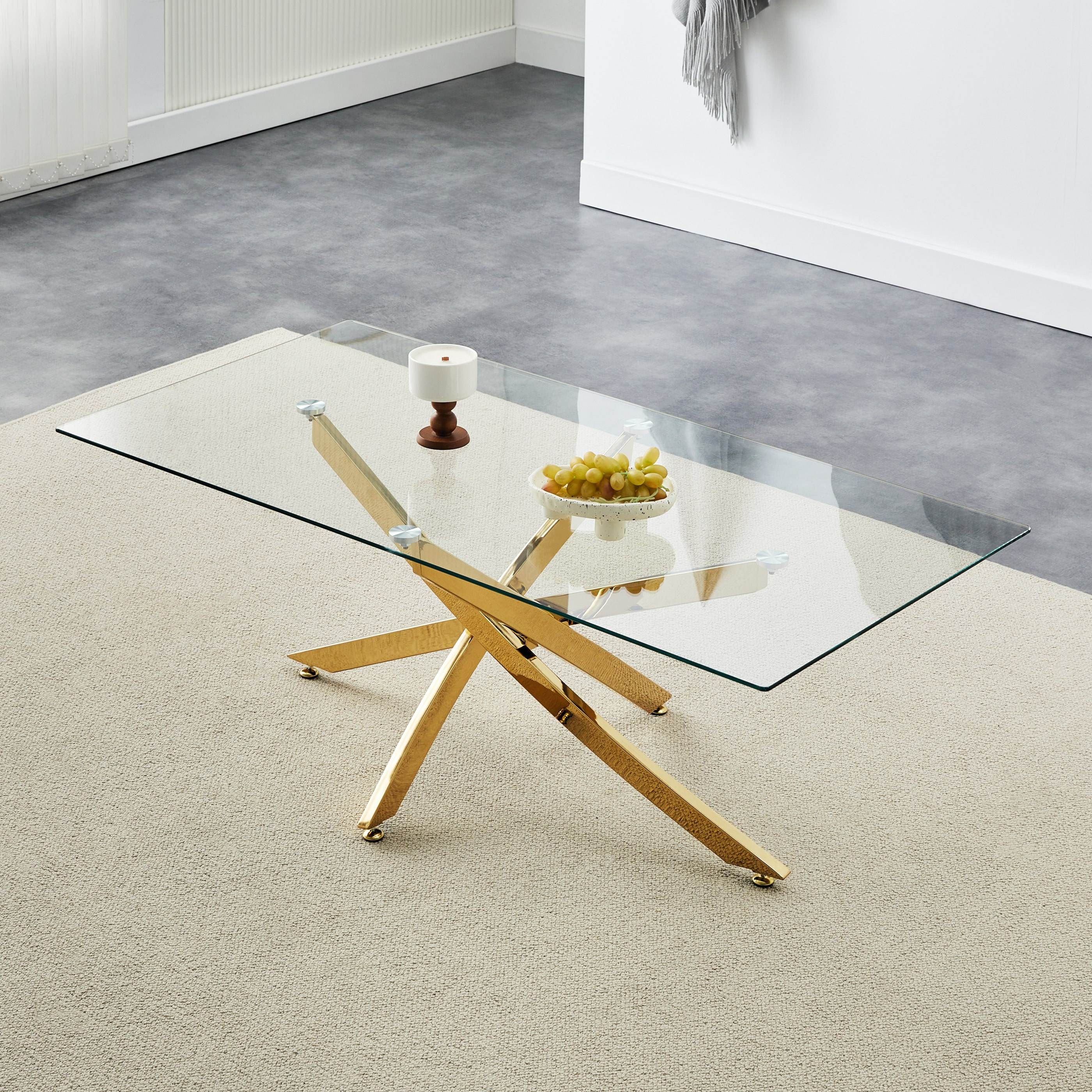 Modern Rectangular Tempered Glass Dining Table Set Gold Legs For Home Hotel