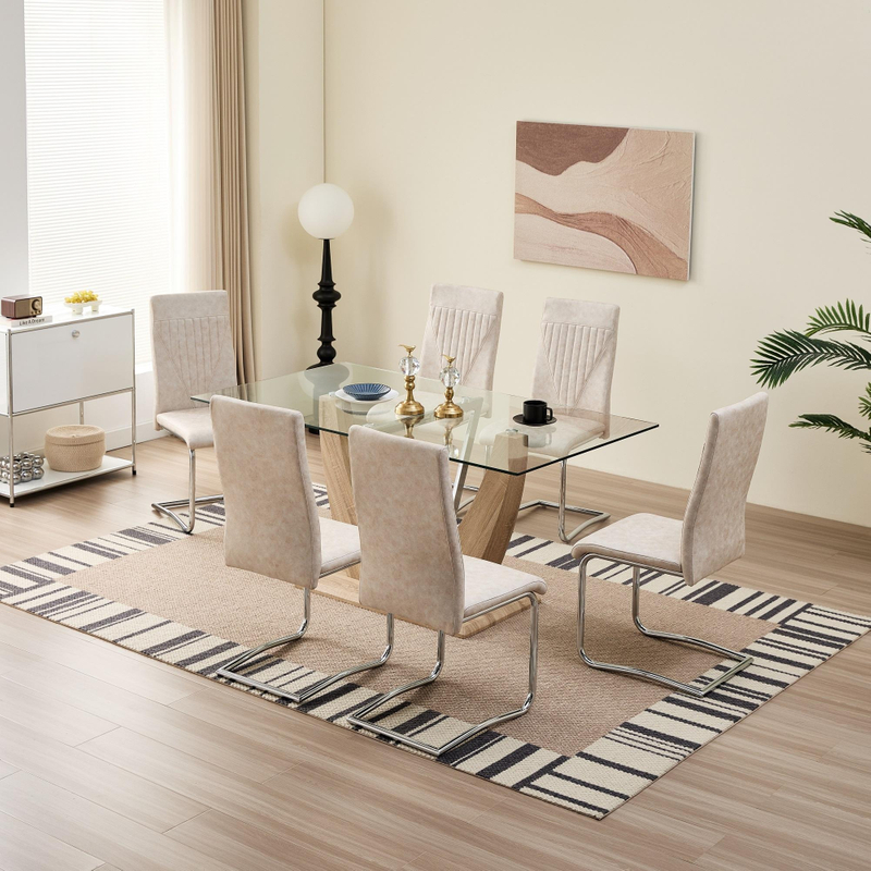 Modern Luxury Rectangular Tempered Glass Dining Table V-Shape Wood Legs