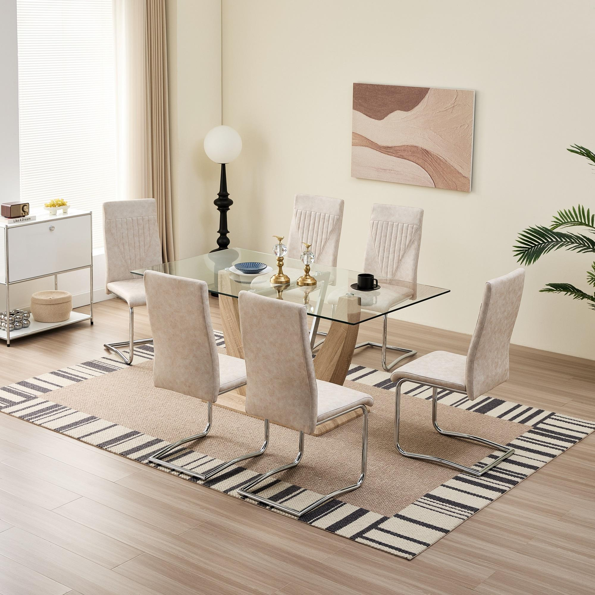 Modern Luxury Rectangular Tempered Glass Dining Table V-Shape Wood Legs