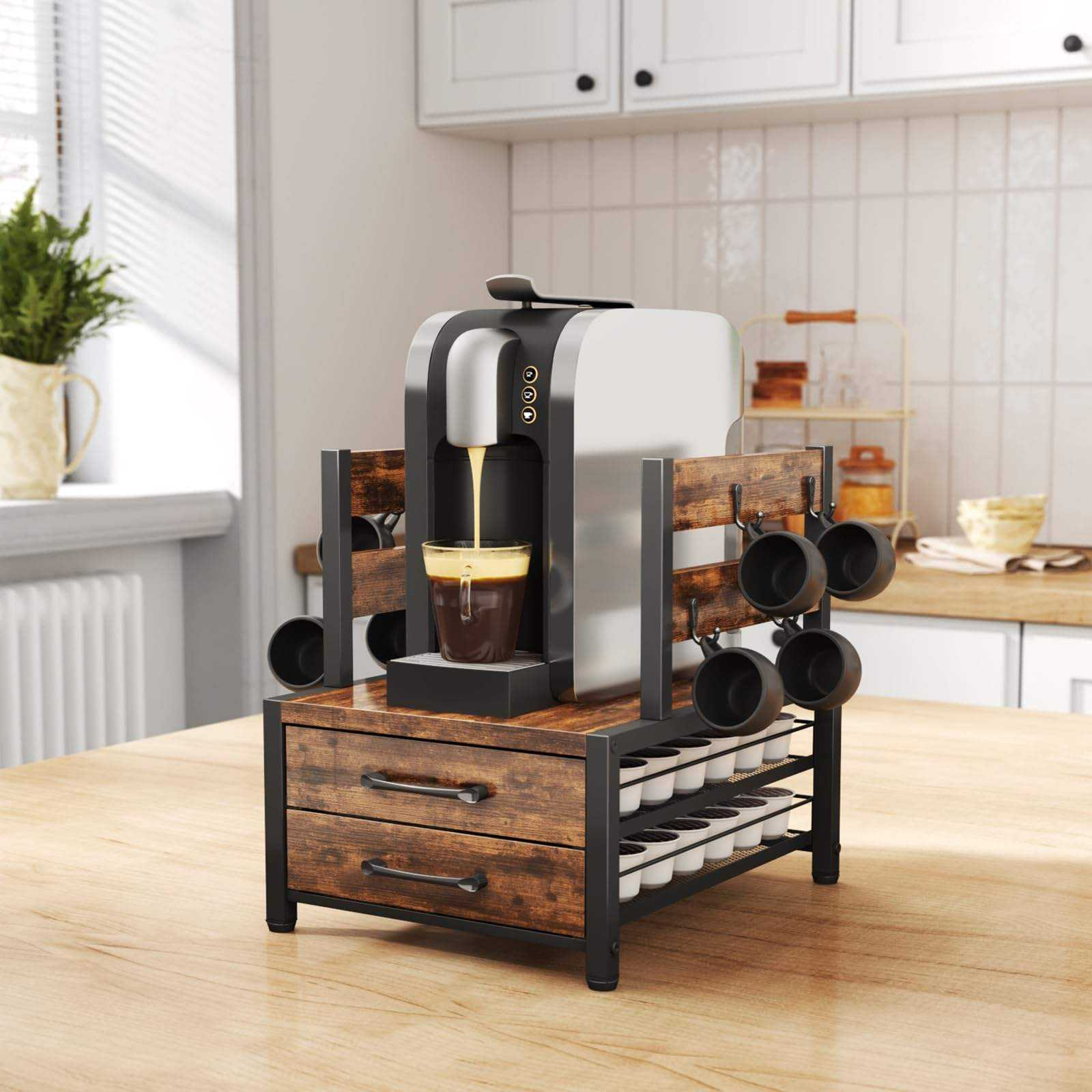 Solid Wood Desktop Organizer With Drawer For Coffee Maker Vintage Tea Cup Storage 分享